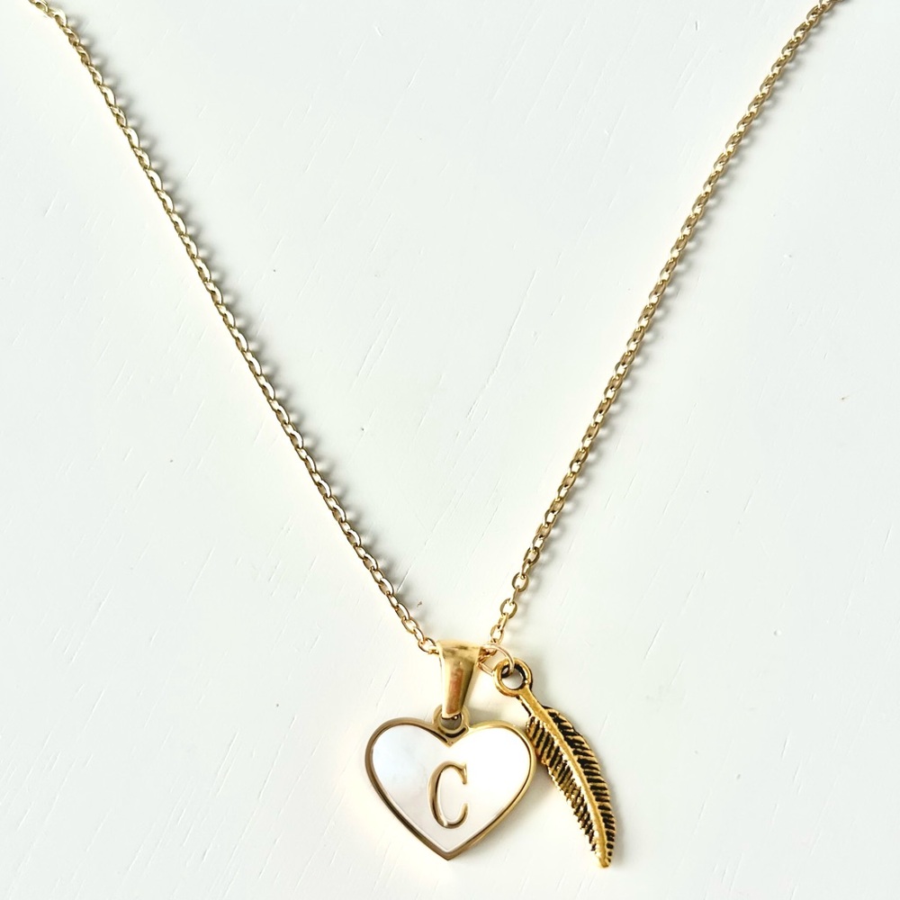 Initial Letter Necklace. C. Gold Heart and Feather 14k Gold Plated
